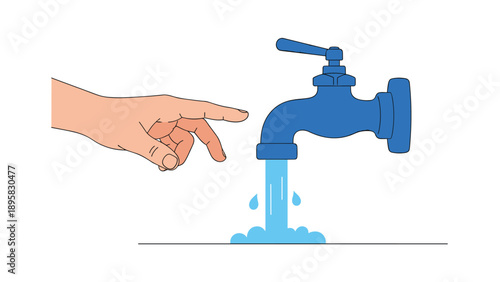 Illustration of blue water tap with fresh water flowing out and hand pointing towards stream against plain white background area.