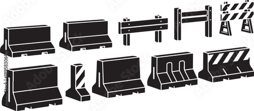 Road construction barriers and signs in black and white