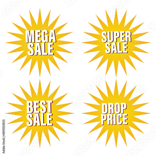 A comprehensive set of flat vector Sale Discount icons and yellow solar symbols featuring bright orange rays andDrop  Discount Promotion signs for hot sunlight design and nature illustrations