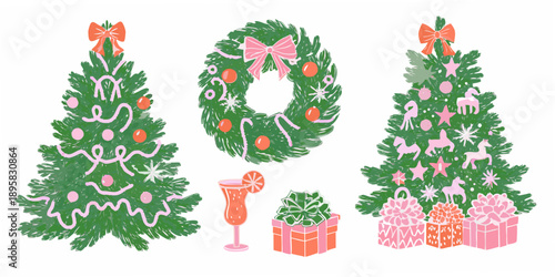 Festive christmas illustrations of wreaths trees gifts and a celebratory drink