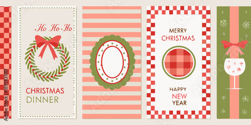 Festive christmas card designs with wreaths ribbons and holiday greetings