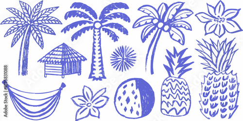 Blue tropical illustrations palm trees pineapple hut and various flowers