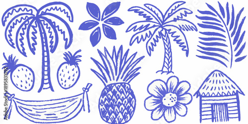 Tropical doodles featuring palm trees pineapples a hammock and floral elements