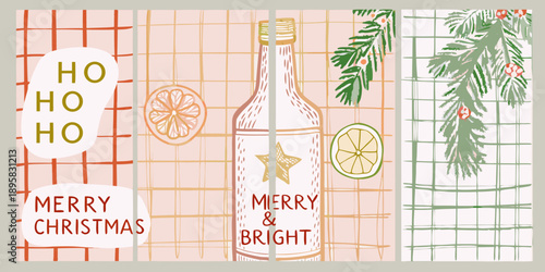 Festive holiday card with a bottle citrus and christmas greenery