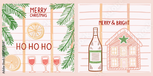 Festive christmas illustrations with orange slice wine and a cozy gingerbread house