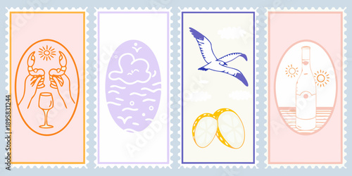 Vintage style illustrations of zodiac signs and summer symbols on rectangular stamps