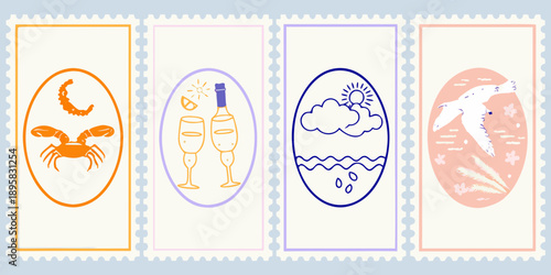 Stylized postage stamps featuring zodiac signs champagne and celestial imagery
