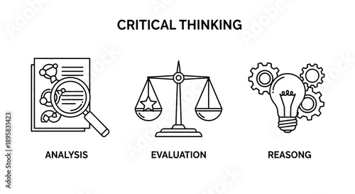 Critical Thinking Concept Line Icons Set with Brain, Scales of Justice, and Idea in Gears on Bright Studio Background