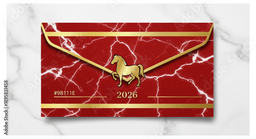 Red marble effect envelope with gold horse shaped clasp and 2026 date on white marble background