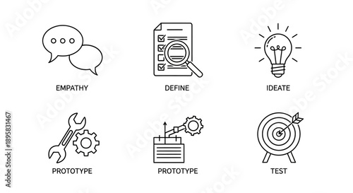 Design Thinking Process Line Icons Set: Empathy, Define, Ideate, Prototype, Test on Bright Studio Background