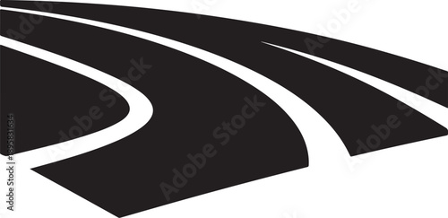 Black and white road illustration with curved lanes ahead