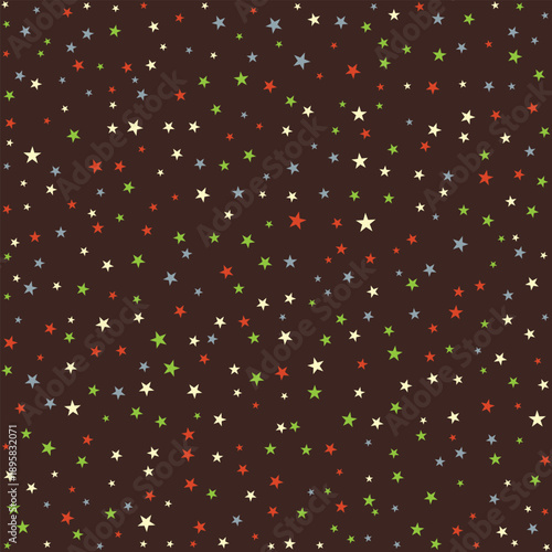Star pattern background with red, green, blue and cream stars on dark brown. Vector confetti texture for gardening theme, potting soil, earthy design, wrapping paper and fabric print.