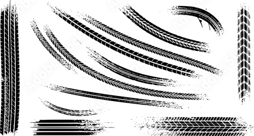 Distressed tire burnout marks and skid trails collection