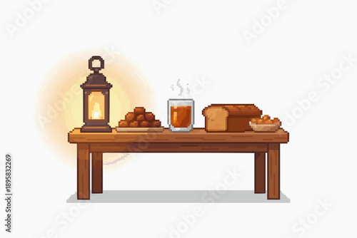 pixel art composition of an iftar meal featuring dates, tea, bread, and a glowing lantern on a rustic wooden table.