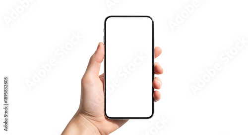 PNG image of hand holding modern smartphone, isolated on transparent background, use for app promotion or mobile advertising mockups.