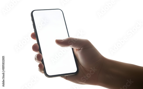 PNG image of Hand Holding Modern Smartphone with Blank Screen use for app promotion or mobile advertising mockups, transparent background.