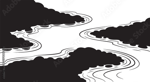 Serene black and white winding river landscape illustration art
