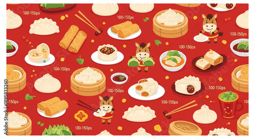 Vibrant red chinese new year pattern with dumplings buns and festive foods on white plates surrounded by golden accents and playful cartoon rabbits in traditional attire