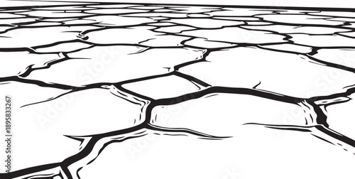 Cracked earth surface with deep black lines and white background