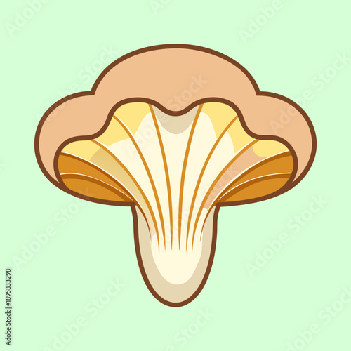 Stylized cartoon chanterelle mushroom illustration in earthy tones on light green background
