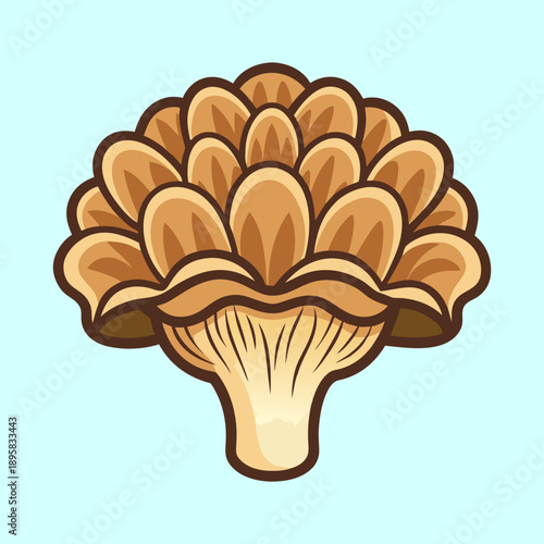 Stylized Brown Mushroom with Distinctive Cap on Light Blue Background Illustration