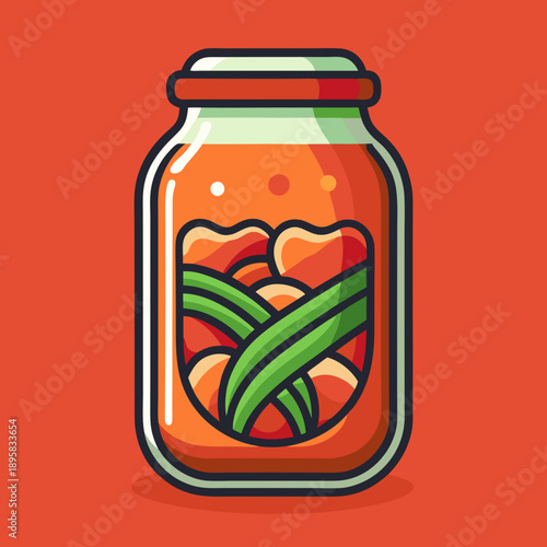 Stylized cartoon illustration of a jar of kimchi against an orange background