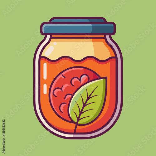 Artistic illustration of a glass jar filled with strawberry jam and leaf