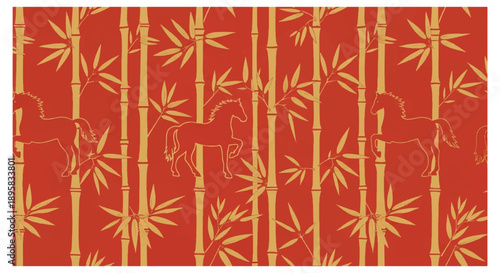 Vibrant red bamboo pattern with golden yellow stalks and leaves on white background asian inspired design element