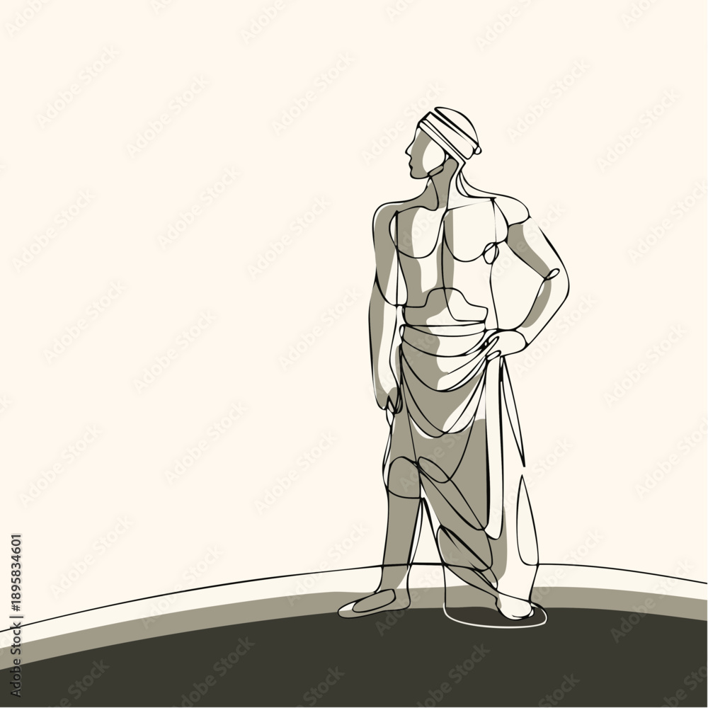 Fototapeta premium Continuous line drawing of a heroic male figure in ancient attire.