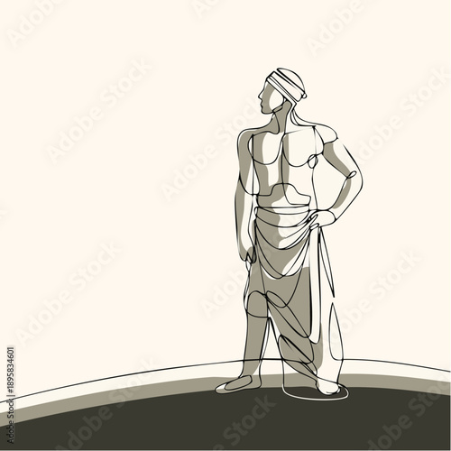 Continuous line drawing of a heroic male figure in ancient attire.
