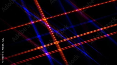 Deep space blue/black background, paired with fiery orange, rose red linear l...