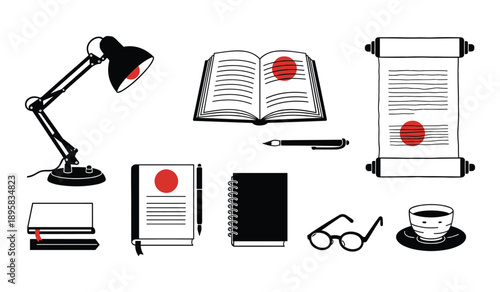 Collection of study and work related objects with red circles on white background Keywords: desk lamp, open book, scroll, pen, notebook, glasses, coffee cup, books, study, work, reading, writing