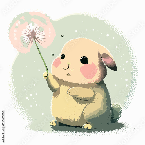 Adorable chubby bunny holding a fluffy dandelion wish flower.