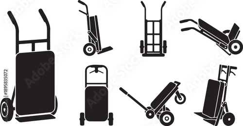 Various Black Hand Trucks and Dollies in Different Positions