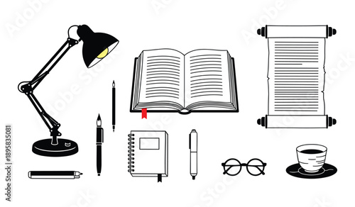 Desk Lamp Open Book Scroll Glasses and Coffee Cup with Writing Implements eyeglasses