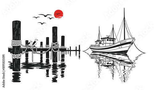 Fishing Boat and Pier with SeagullsTitle:Fishing boat docked at a wooden pier with seagulls and a red sun in a stylized illustrationKeywords:fishing boat, pier, dock, wooden pier, pilings, ropes