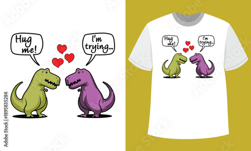 Funny Dinosaur Couple Hugging Illustration