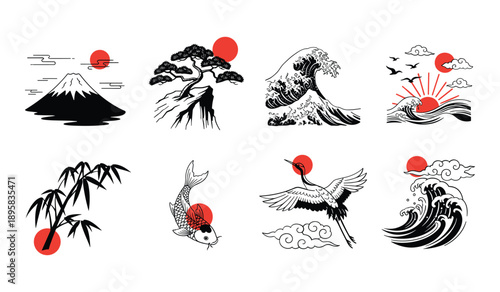 Japanese Art Icons Featuring Mount Fuji Waves Crane Koi Fish Bamboo and Red Sun Keywords: japan, japanese, art, icon, symbol, mount fuji, volcano, wave, ocean, sea, crane, bird, koi fish, carp