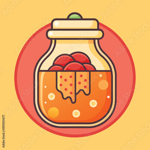 Cartoon illustration of a jar filled with homemade strawberry jam or preserves