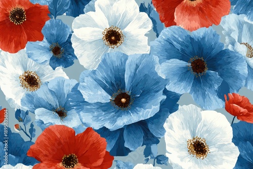 Close-up of watercolor-style floral arrangement in patriotic colors red, white, blue