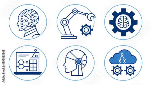 Six circular icons depict advanced technology themes including robotics, artificial intelligence, and digital network connections.