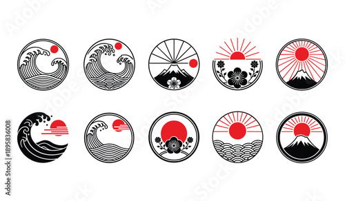 Japanese Circular Icons With Waves Sun Mountains Flowers And Clouds circle badge