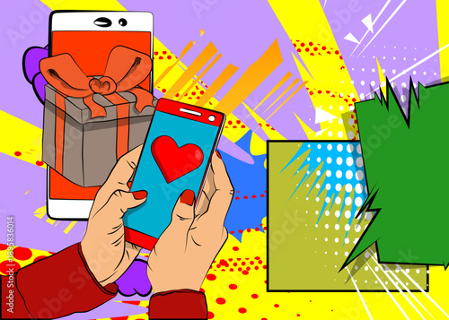 Cartoon Smartphone, comic book Telephone with Heart and gift box. Retro vector comics pop art design.