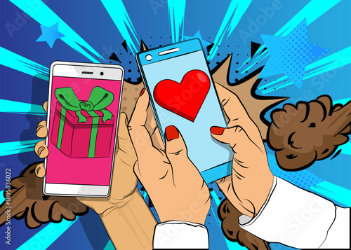 Cartoon Smartphone, comic book Telephone with Heart and gift box. Retro vector comics pop art design.