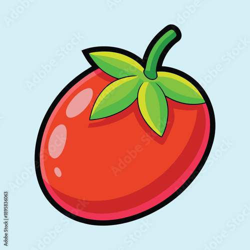 Cartoon red tomato with green leaves on a light blue background