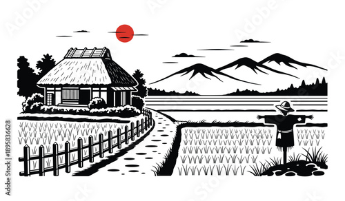 Japanese Countryside Scene with Farmhouse Rice Field and Scarecrow thatched roof paddy
