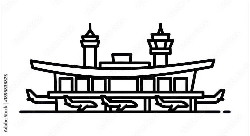 Naklejka premium Modern Airport Terminal Building with Airplanes and Control Towers Icon