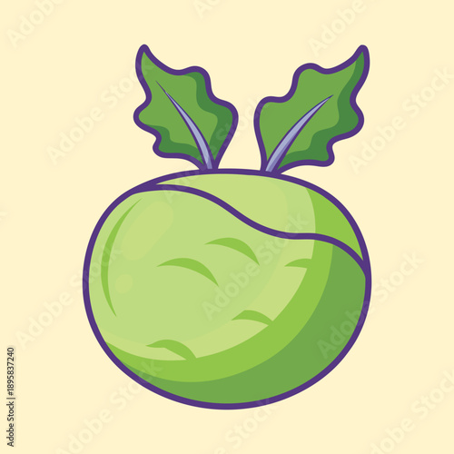 Illustration of a vibrant green kohlrabi with leaves on a light background