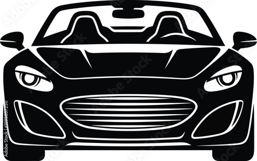 Front view of open-top sports car in solid black silhouette, minimalist design concept with no specific make or model