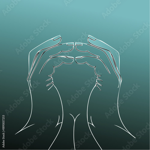 Elegant line art illustration of female hands with green manicure.